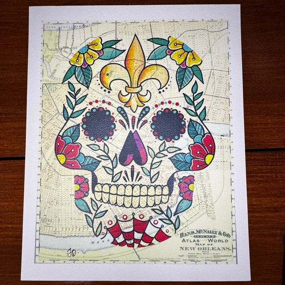 Skull Canvas Painting New Orleans Map & Mardi Gras Post Card St Louis Cathedral - Picture 5 of 9